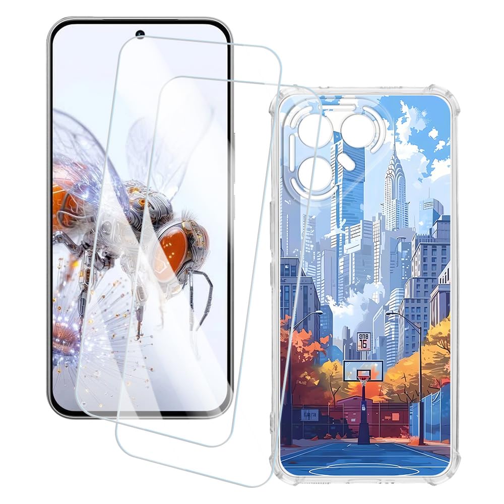 2 Pack Screen Protector + Case Compatible with Tecno Pova 7 Pro 5G (6.78 inch) Case Artistic Custom Printed Cover and Tempered Glass Film Anti-Scratch (City)