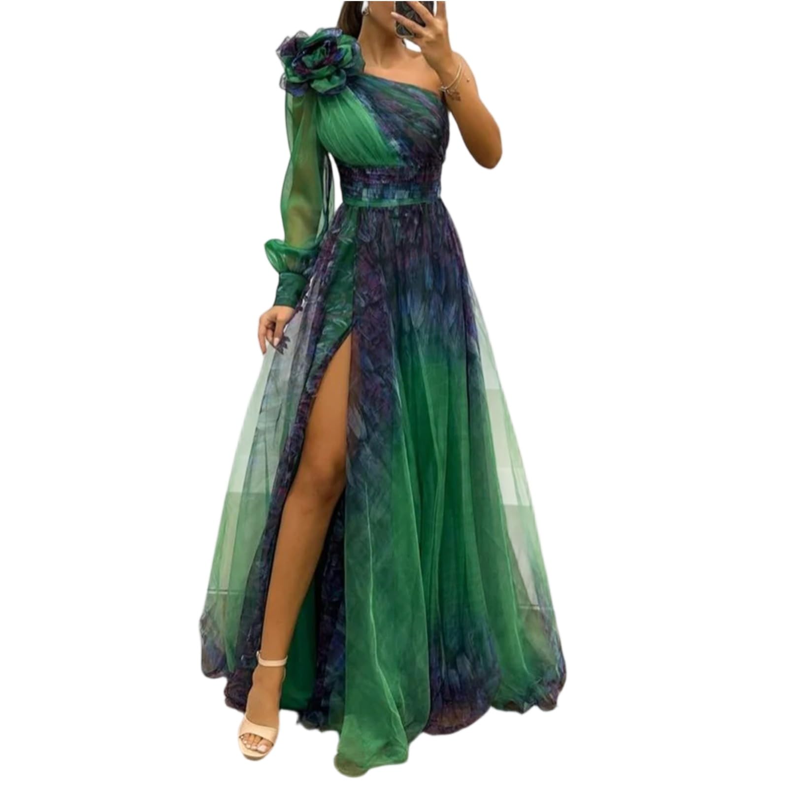 Générique Robe Femme Épaule Asymétrique et Manches Longues en Tulle Imprimé Fleuri avec Bretelles Robe Plage et Fêtes d'Été de Vacances