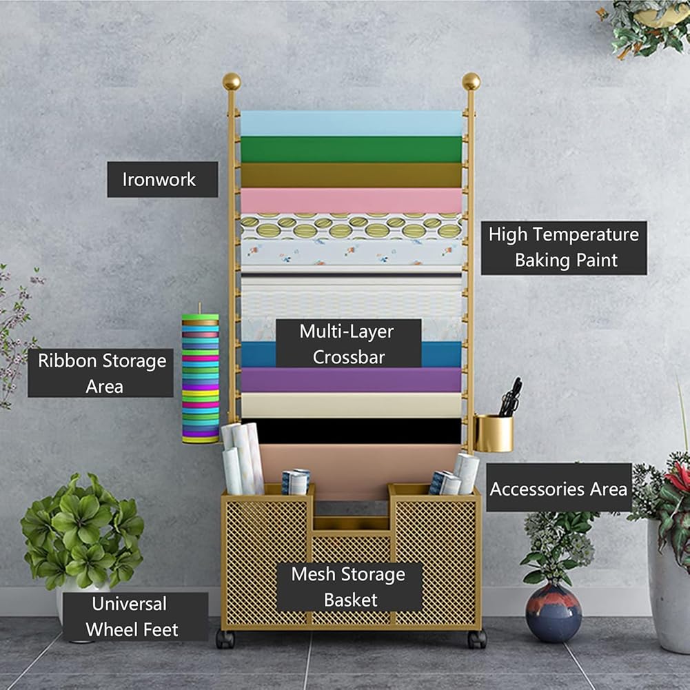 KK-GAL Rolling Flower Market Wrapping Paper Display Stand, Freestanding Wrapper Paper Holder Rack, Heavy Duty Steel Organiser Holder with Wheels for Vinyl Spool, with Adjustable Bars,Gold 120cm