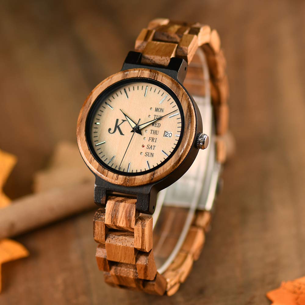 Kim Johanson Damen Holz-Edelstahl Armbanduhr *Light Week* mit Datum- & Tagesanzeige Handgefertigt Quarz Analog Uhr inkl. Geschenkbox