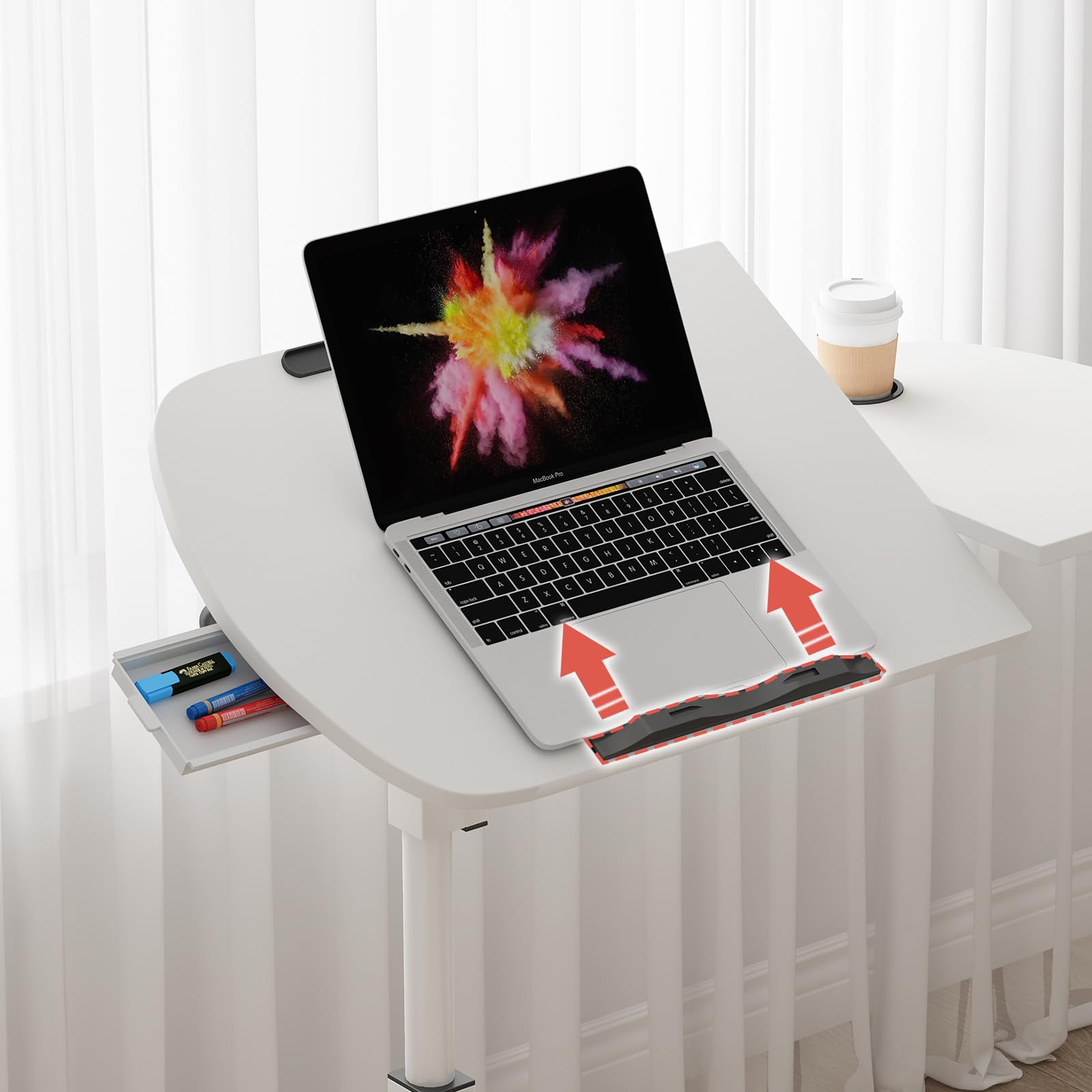 Escritorio Elevable de Pie Móvil, Mesa Escritorio Ordenador con Altura Ajustable, Mesa de Cama con Ruedas, Marco Giratorio de 360°, Escritorio Plegable de para Sofá 60x40cm Blanco