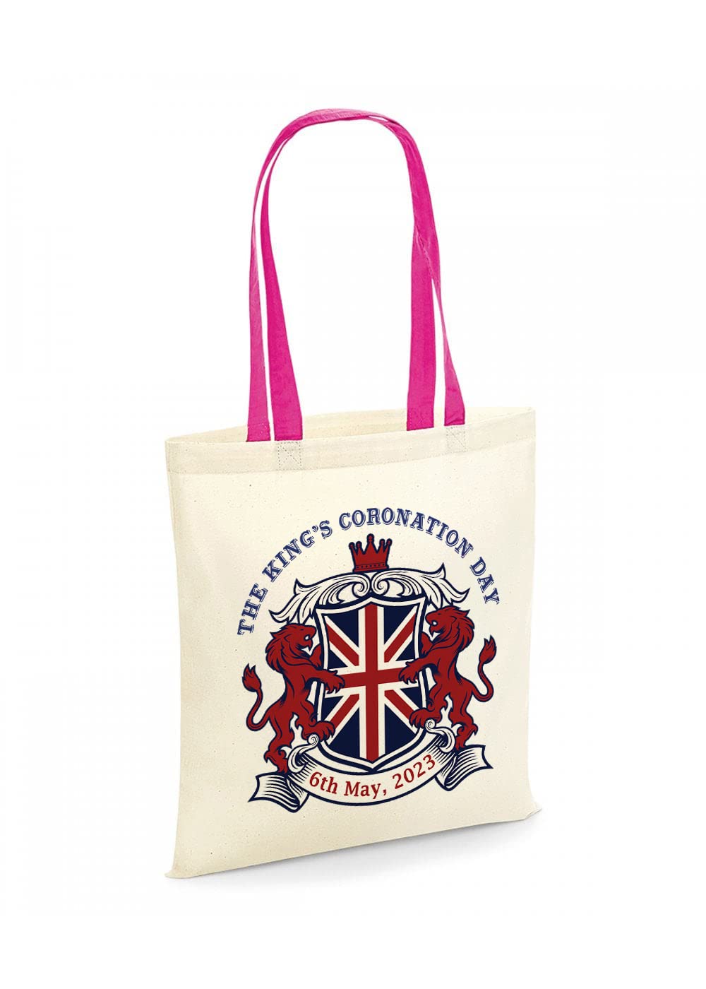Kings Coronation 2023, Official Emblem, King Charles III Commemorative, His Majesty, The King Royal Memorabilia Gifts Shoulder Bag Shopping Tote Bag Cotton Shopping Bag. (Fuchsia Handle)
