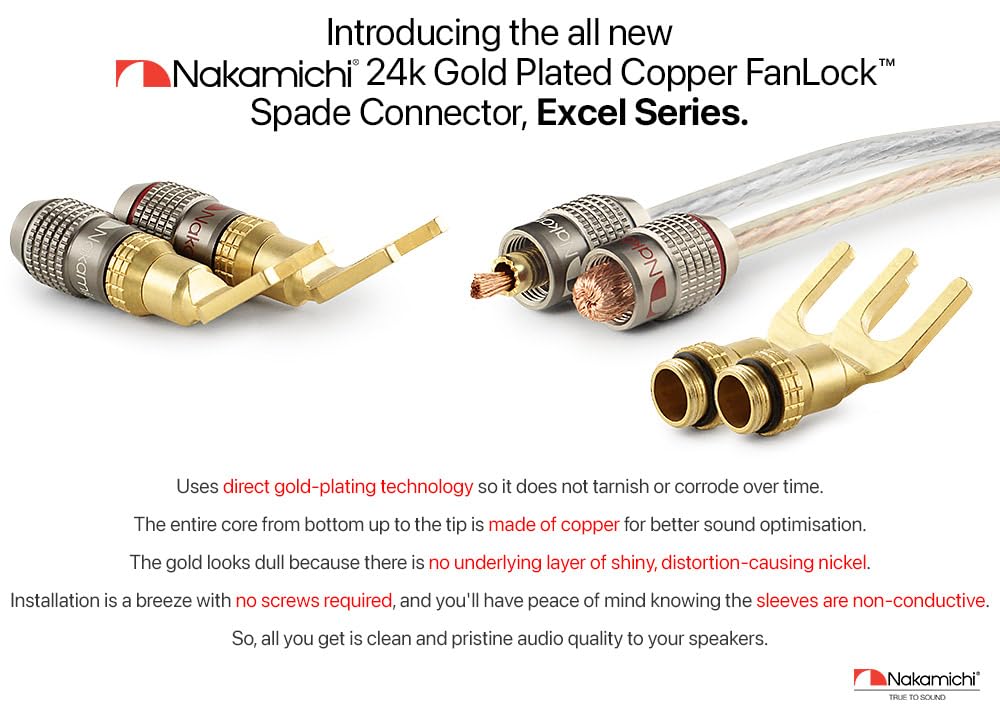 Nakamichi FanLock Excel Series 24k placcato oro connettore a forcella spina a banana 10 AWG - 18 AWG 4mm per altoparlanti amplificatore Hi-Fi, 8 pezzi