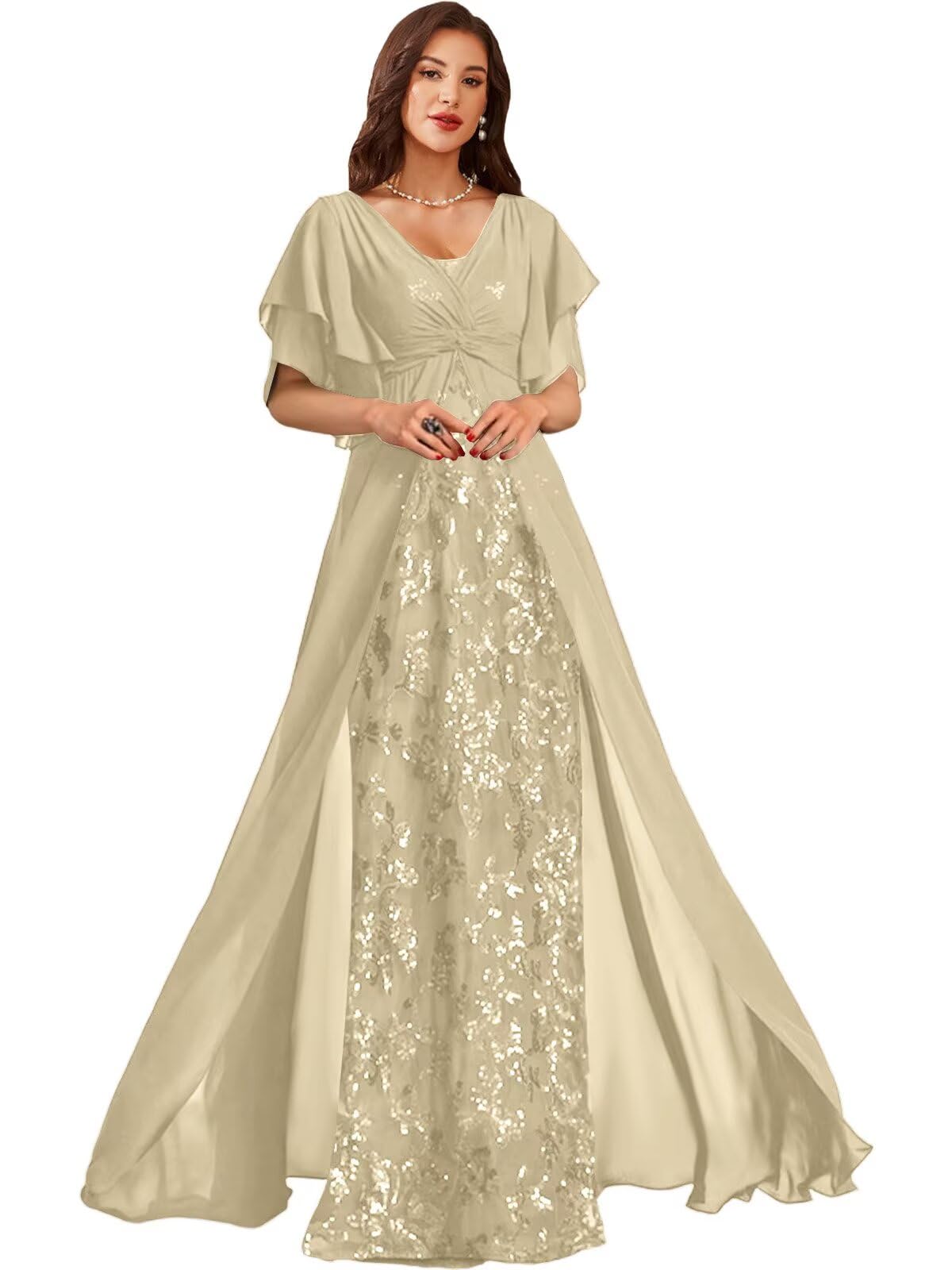 Sequin Chiffon Mother of Bride Dresses for Wedding V Neck Half Sleeves Empire Waist Grandmother of The Groom