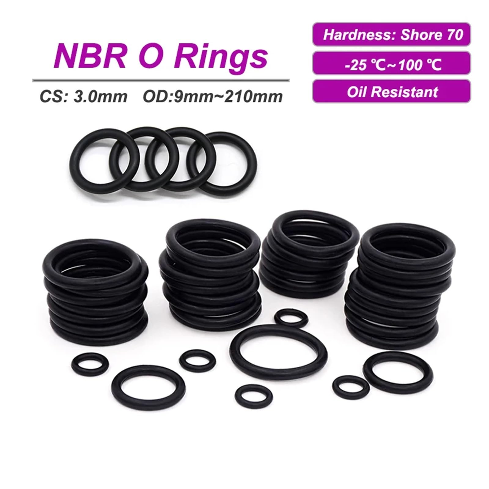 50 juntas tóricas NBR negras CS de 3 mm diámetro exterior, 9-210, arandelas sellado goma for grifos aire acondicionado coche, reparación plomería a presión(OD 37mm ID 31mm)
