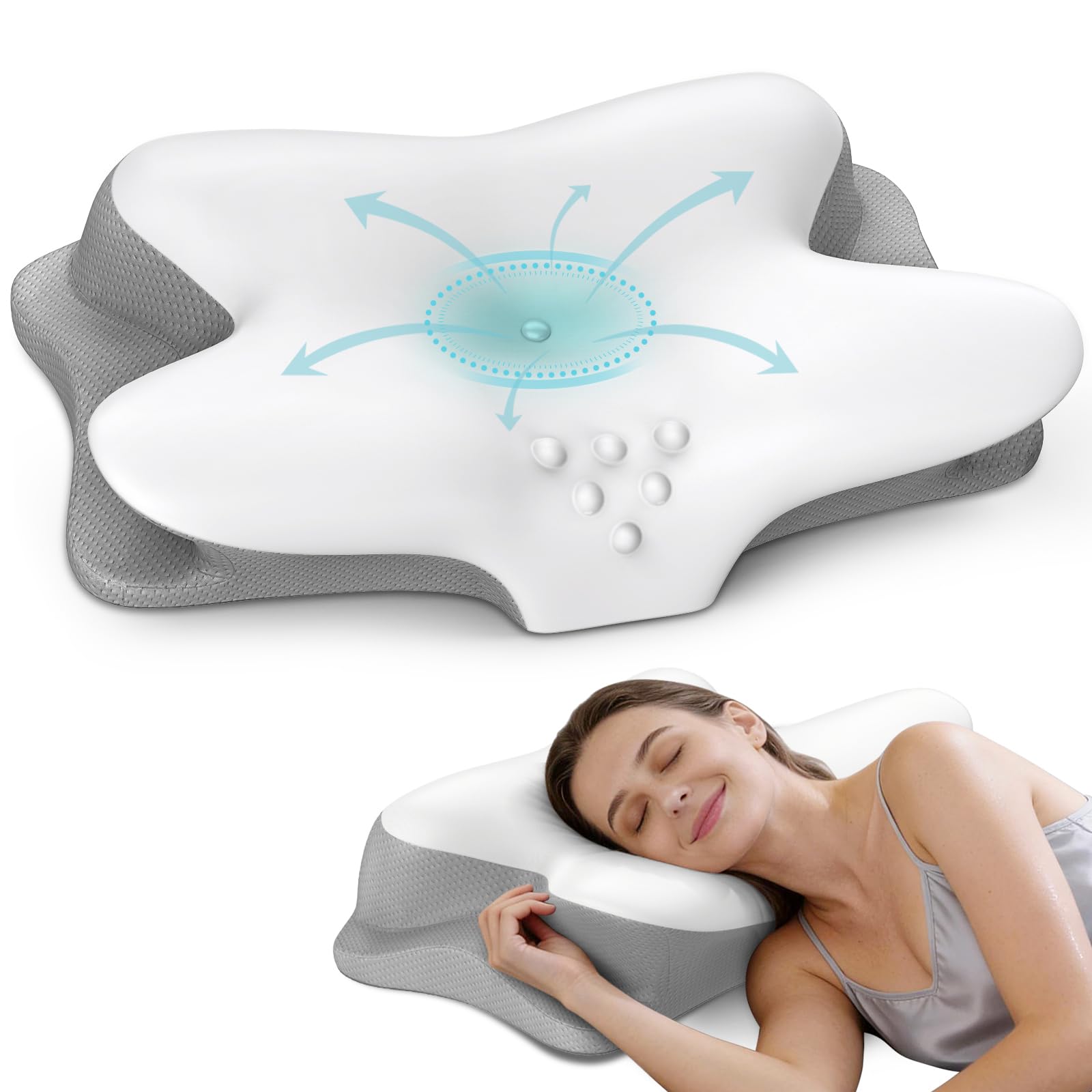 Cervical Neck Pillow for Pain Relief, Ergonomic Side Sleeper Pillow for Sleeping, Contour Orthopedic Memory Foam Pillows for Back &amp; Stomach Sleepers with Pillowcase (Light Grey)