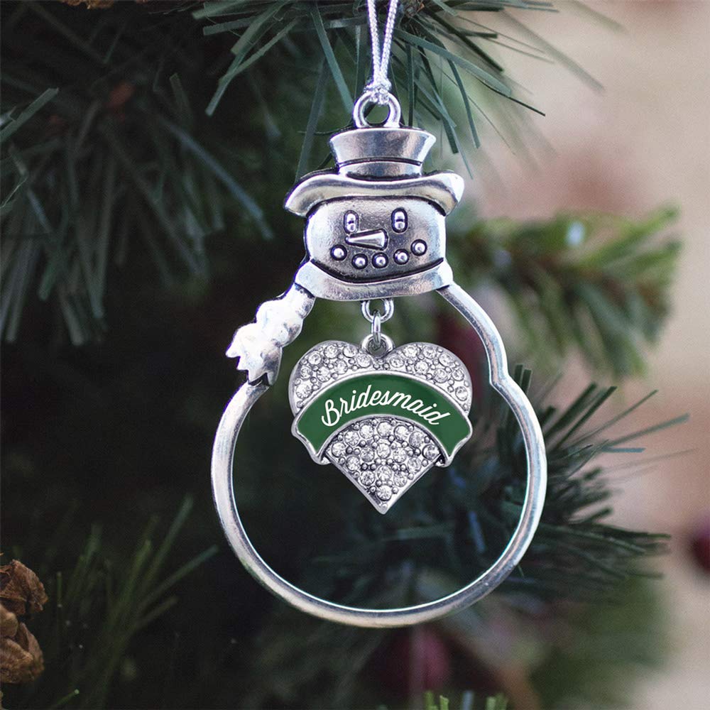Inspired Silver - Forest Green Bridesmaid Charm Ornament - Silver Pave Heart Charm Snowman Ornament with Cubic Zirconia Jewelry