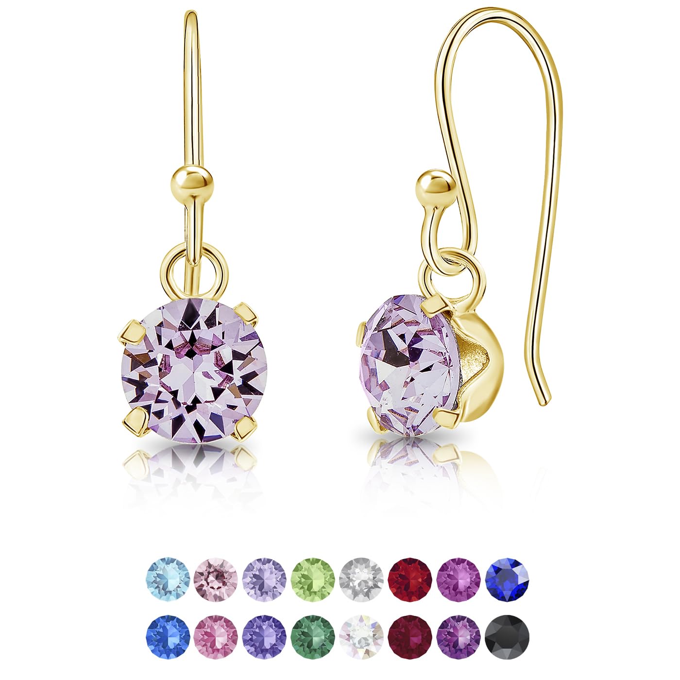 DTPsilver Pendientes Pequeños de Colores - Pendientes Plata de Ley 925 Chapado en Oro Amarillo con Cristal Swarovski® Elements - Pendientes Colgantes Dorados - Diámetro: 6 mm
