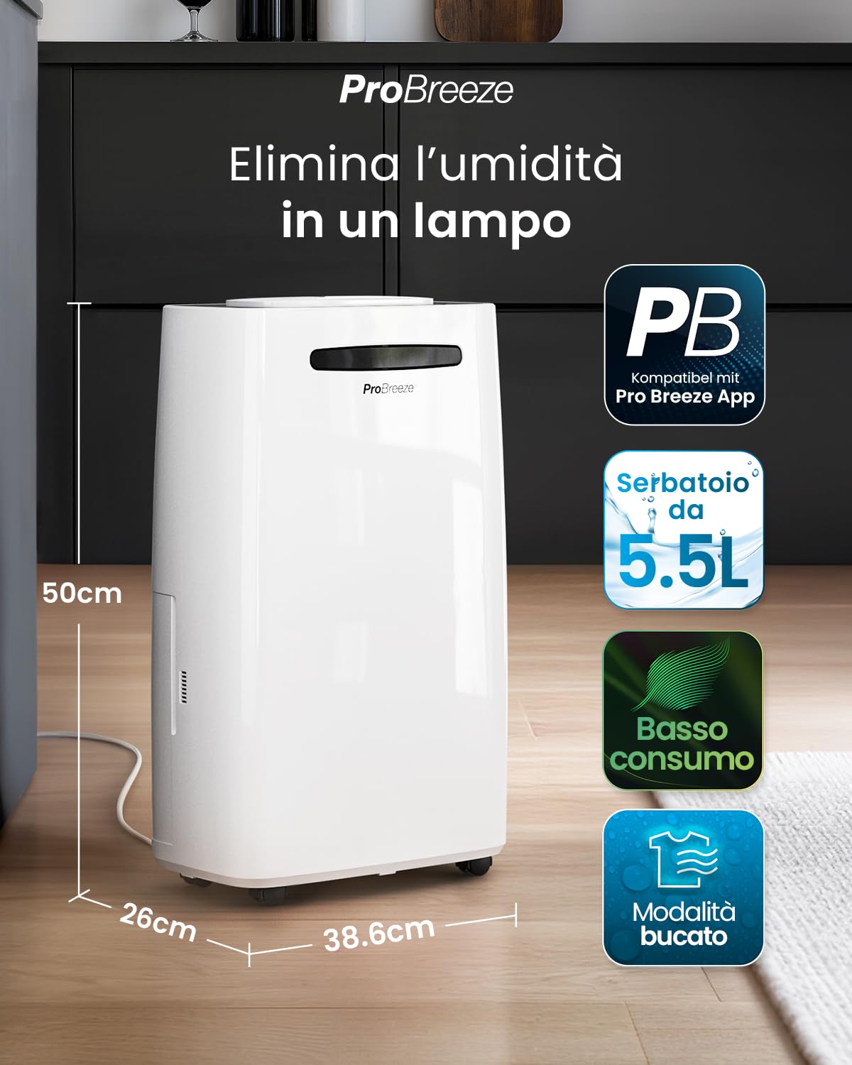 Deumidificatore Intelligente 20L Pro Breeze con Display Digitale dell’Umidità, Modalità Notturna, Scarico Continuo, Asciugatura Bucato e Timer 24 Ore - Ideale contro Umidità e Condensa