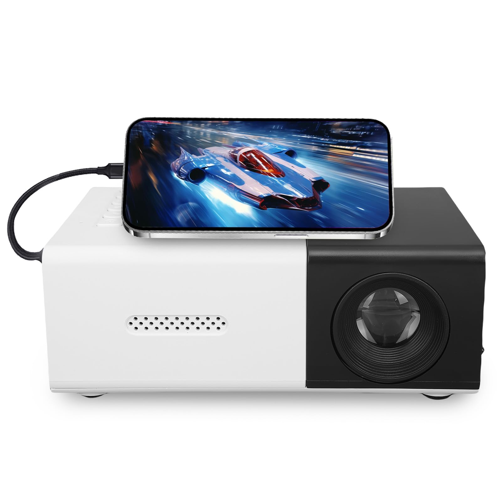 Lazmin112 1080P HD-Projektor, Tragbarer-Projektor mit Automatischer Trapezkorrektur und Integriertem Lautsprecher, Kompatibel mit Smartphone, Laptop, USB-, für den Heimgebrauch (EU-Stecker)