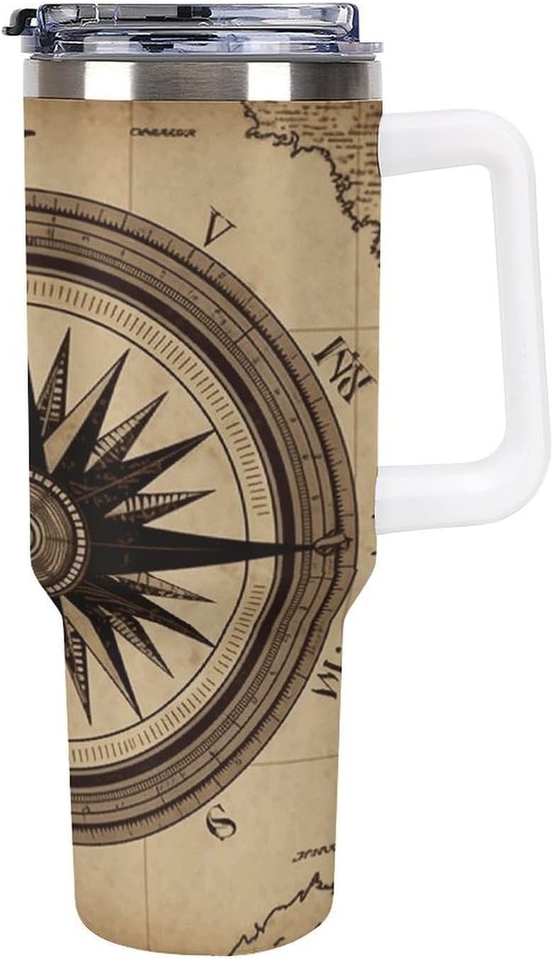 Compass Wind Road Map Travel Coffee Mug Reusable Durable Stainless Steel Insulated Tumbler with Handle And Straw Leak Resistant Portable Thermal Cup Gifts for Men Women 40 Oz