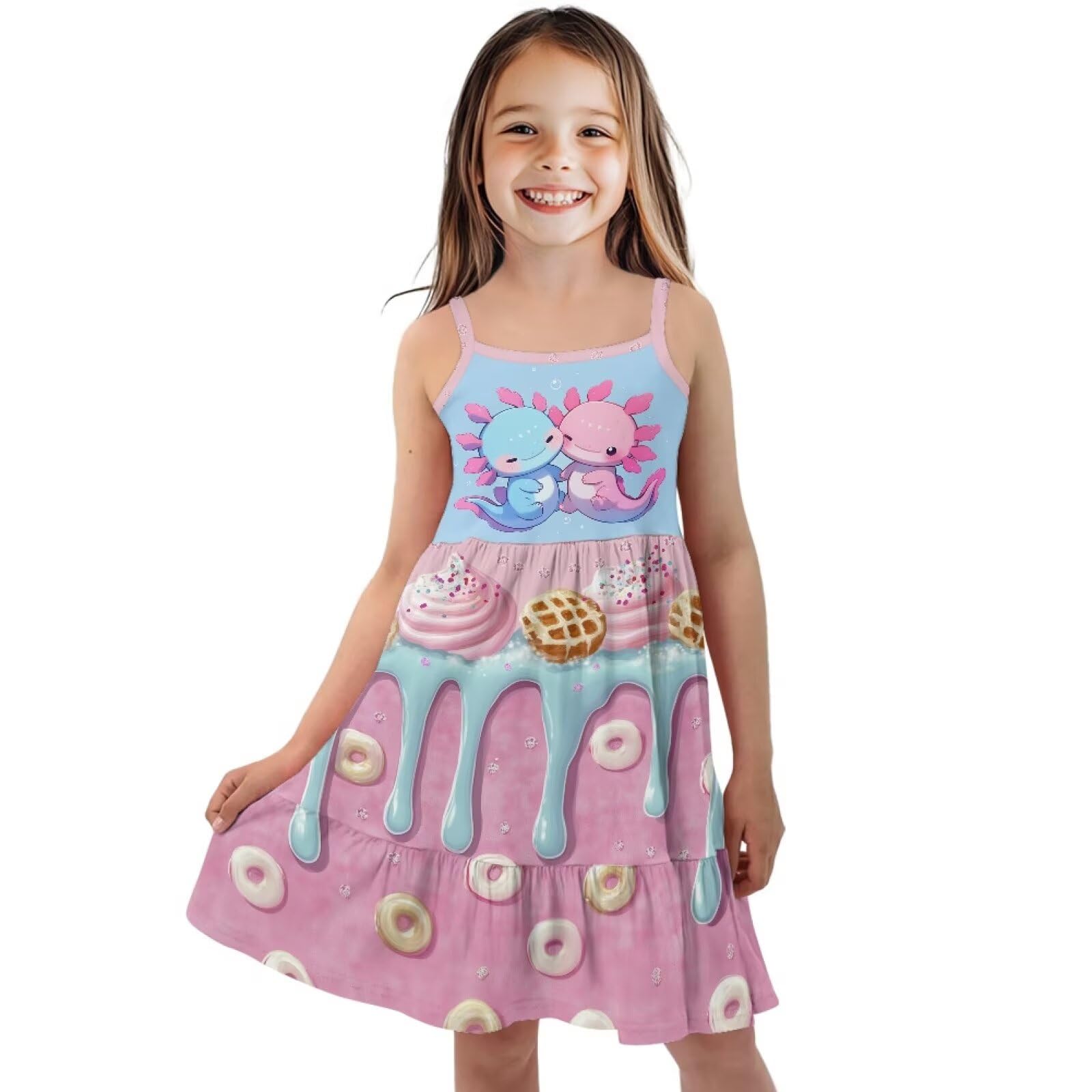 Youngerbaby Axolotl Dresses for Toddle Girls Size 5-6T Summer Dresses Ice Cream Spaghetti Strap Midi Dress A Line Swing Twirly Skater Tunic Dress Holiday Party Sundresses
