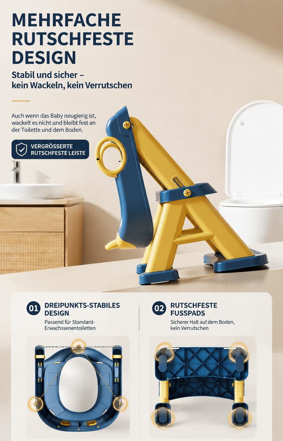 Toilettentrainer für Kinder für Jungen und Mädchen, 2 in 1 Kind Toilettensitz mit Treppe, Spritz und Rutschfestes Trittbrett, 6-stufig höhenverstellbar, PP/TPR/PVC Material，54 x 35 x 20 cm (Blau Gelb)