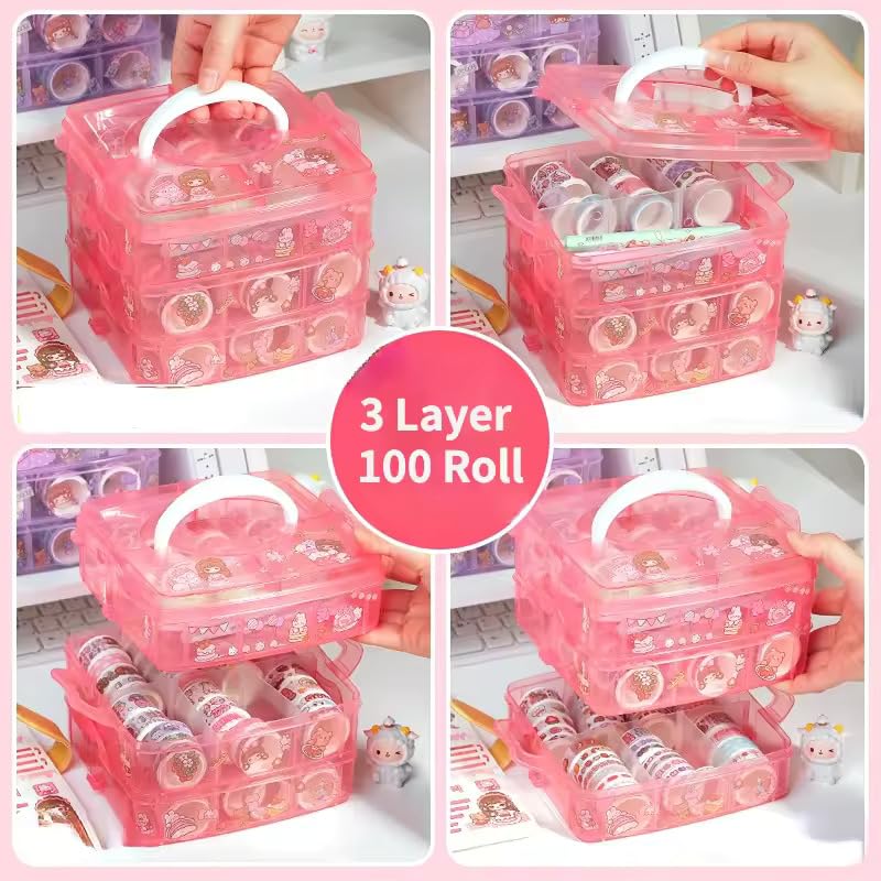 Image of Washi Tape Set - 100 Pcs Designer Decorative Masking Tapes with 20 Pcs Kawaii Stickers, Tweezer, Pen and Spatula in 3 Layer Box, Tapes for DIY Art & Crafts, Wrapping (Multicolor)