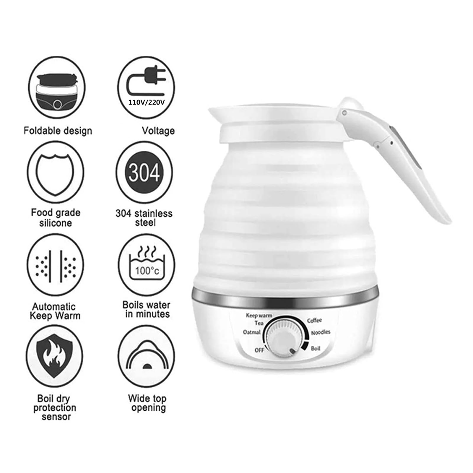 0,6L Hervidor Eléctrico De Viaje Plegable Para Café Té Portátil Silicona De Grado Alimenticio Hervidor Plegable Ebullición Rápida Con Protección Hervir-Seco Voltaje Dual 110-220 V ( Size : Knob )