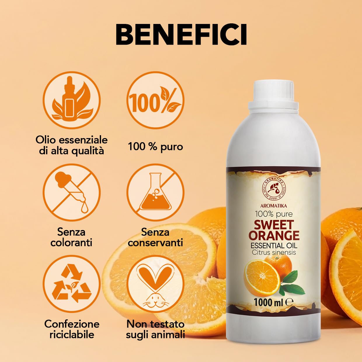 Olio Essenziale di Arancia Dolce 1000 ml - Citrus Sinensis - Naturale e Puro - Olio di Arancia per Diffusori - Profumi per la Casa - Saponi e Candele - Sauna - Aroma di Agrumi - Aromaterapia