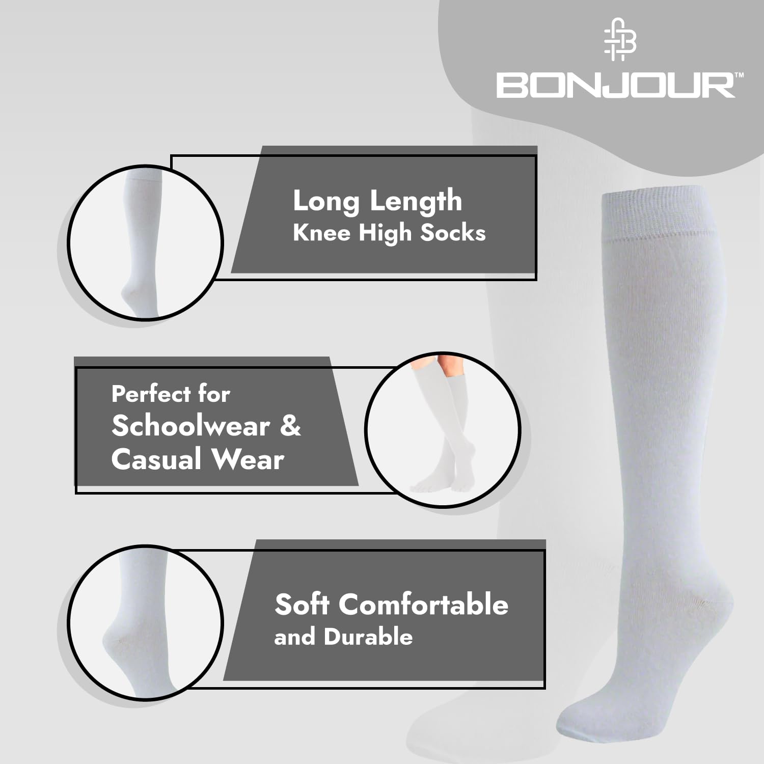 Bonjour® 6 Pairs Girls Kids Knee High School Socks Cotton Socks, Back to School Plain Socks Uniform Party Wear, Long Socks Girls Kids Knee High Socks for School — view 4