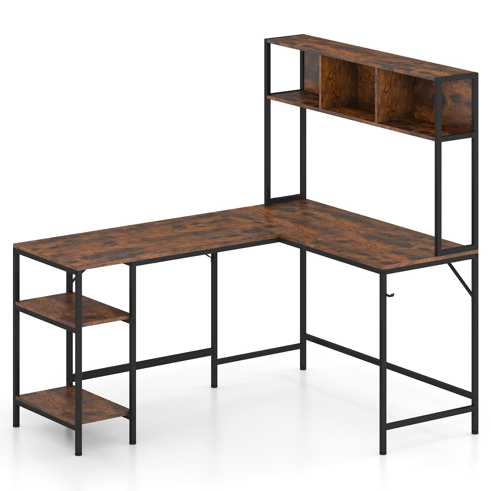 GIANTEX Bureau en L avec Bibliothèque, Étagères Latérales et Crochet, Structure Métallique, Bureau Gaming d'angle avec Pieds Antidérapants Réglables, Table Gamer pour Jouer, Travailler (Marron)
