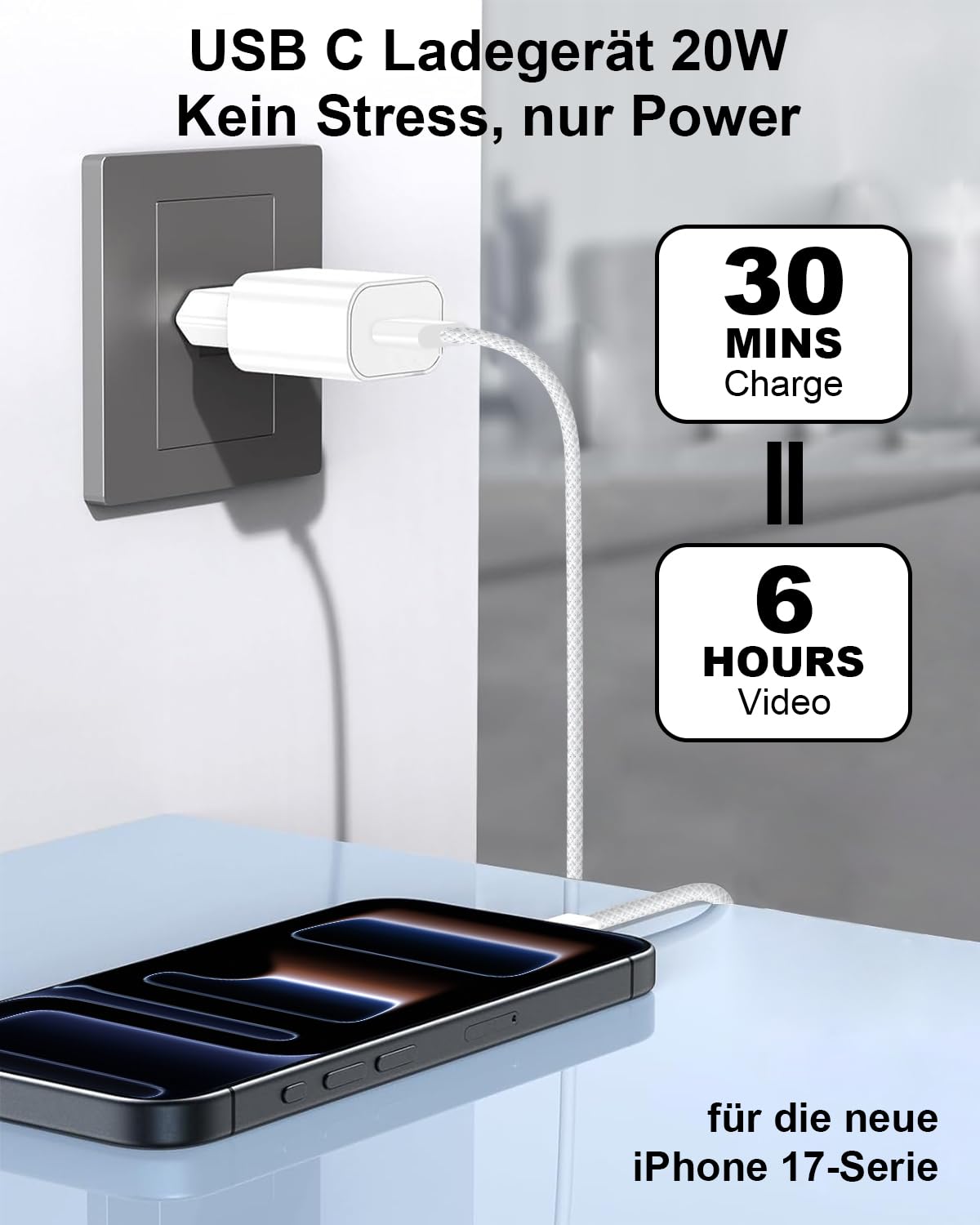 Ładowarka USB C 20W do iPhone'a 17 Pro Max 17 Air/iPhone'a 16 16e 15 16 Pro Max Plus/iPada, Wtyczka USBC z Kablem USB C o Długości 2M Adapter do Szybkiego Łładowania zasilacz, Wtyczka ładująca UsB C