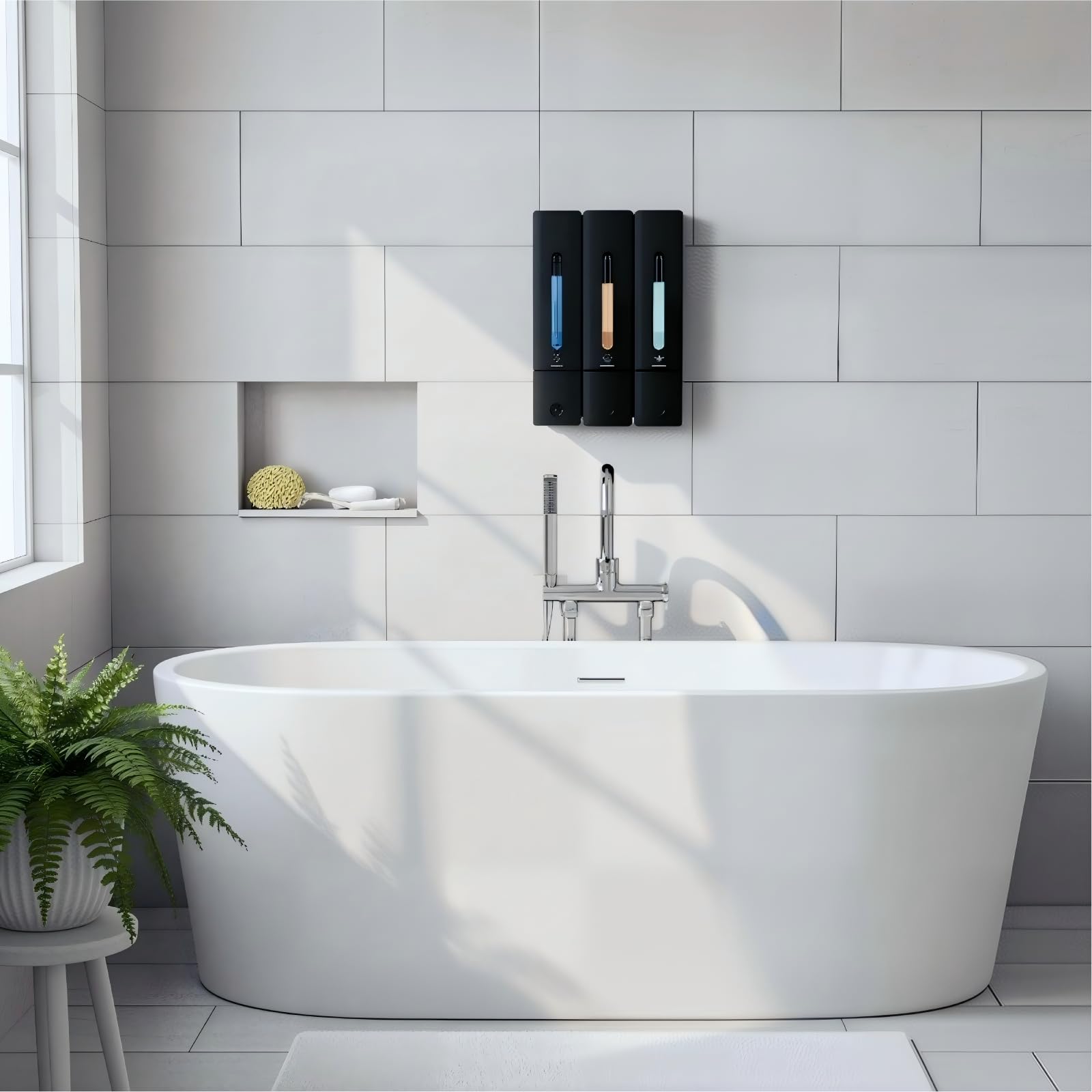 Dispenser per shampoo e balsamo, dispenser di sapone da doccia a 3 camere senza trapano per doccia dispenser per bagnoschiuma a parete per bagno, hotel, cucina, 3 x 400 ml, grande capacità, nero