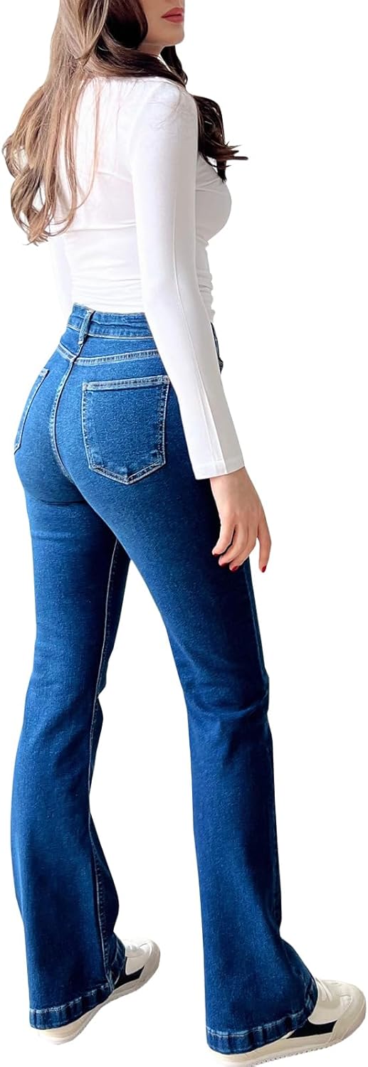 Women Flare Jeans High Waisted Bell Bottom Stretch Boyfriend Casual Denim Pants - Image 2