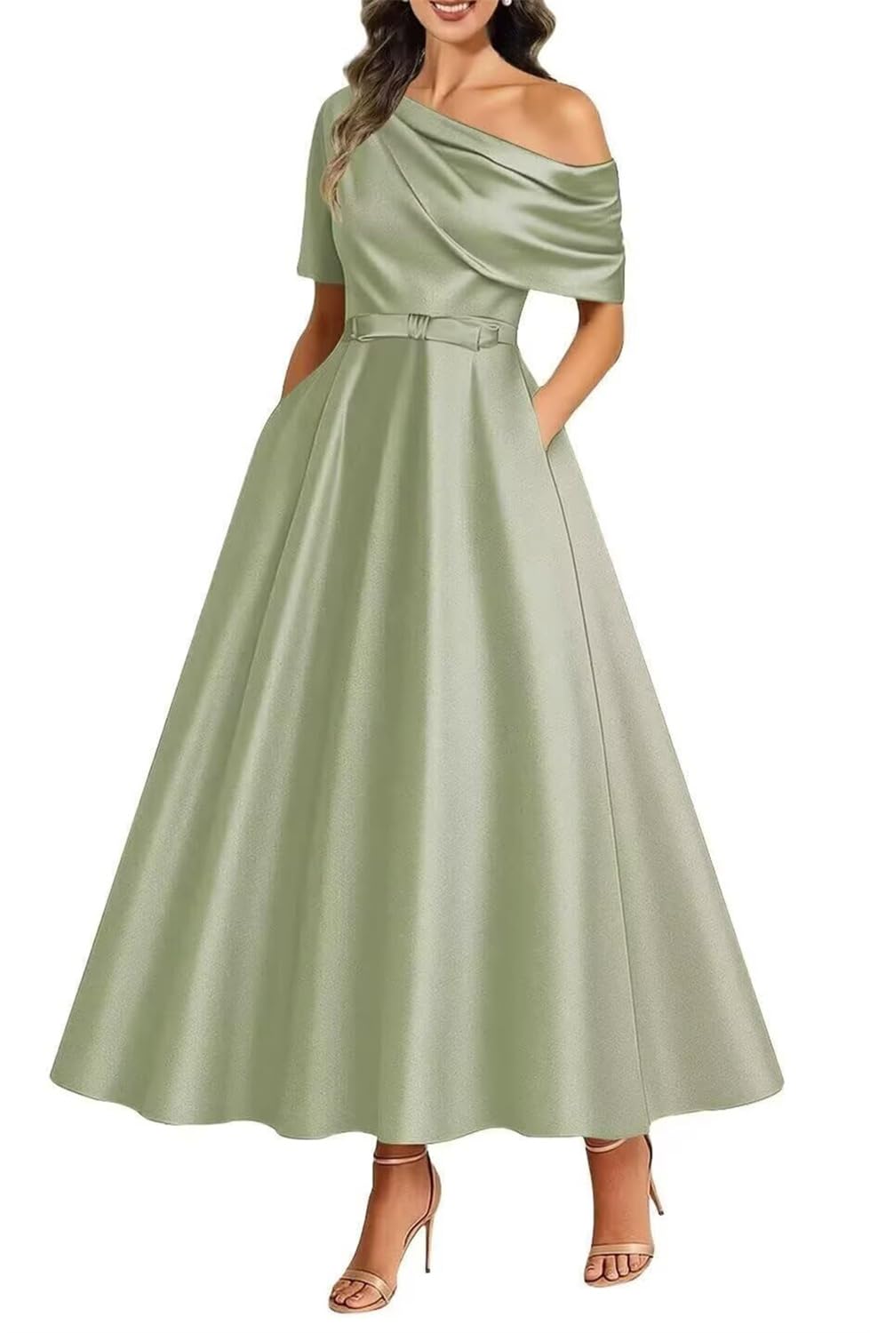 Kiyne Women's Sage Green Satin Mother Of The Bride Dresses Tea Length For With Pockets A Line Prom Dress Corset Wedding Party Gown Uk20