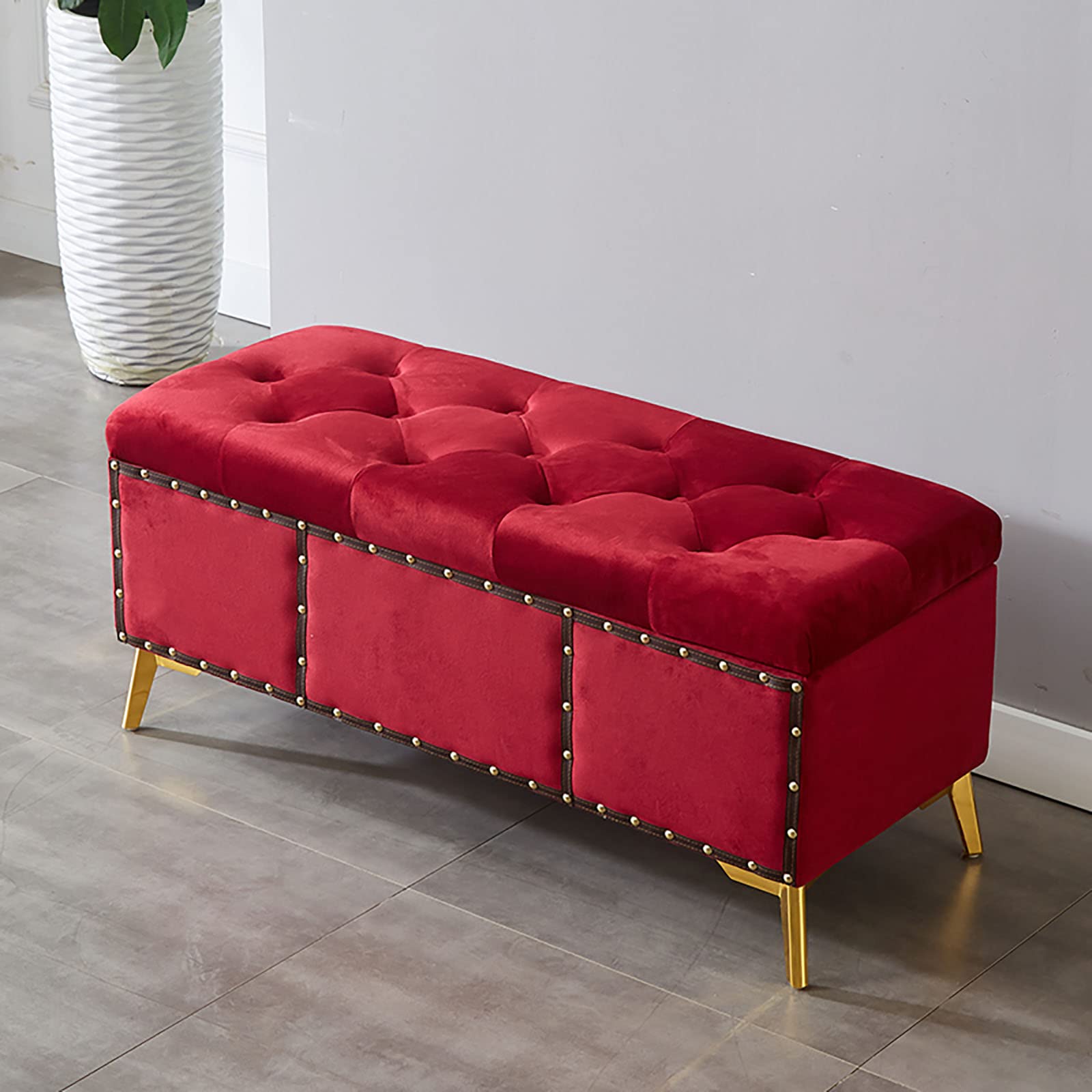 Repose-pieds rembourré velours rouge moderne 60x40x45 cm avec rivets décoratifs