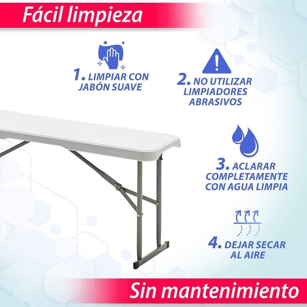LOLAhome Set 2 Bancos Plegable, de Acero Anticorrosión y HDPE (De 181x26x42 cm) | Resistente, fácil Transporte, fácil Montaje | Ideal Acampadas, Picnic, Catering, Jardín, Terraza