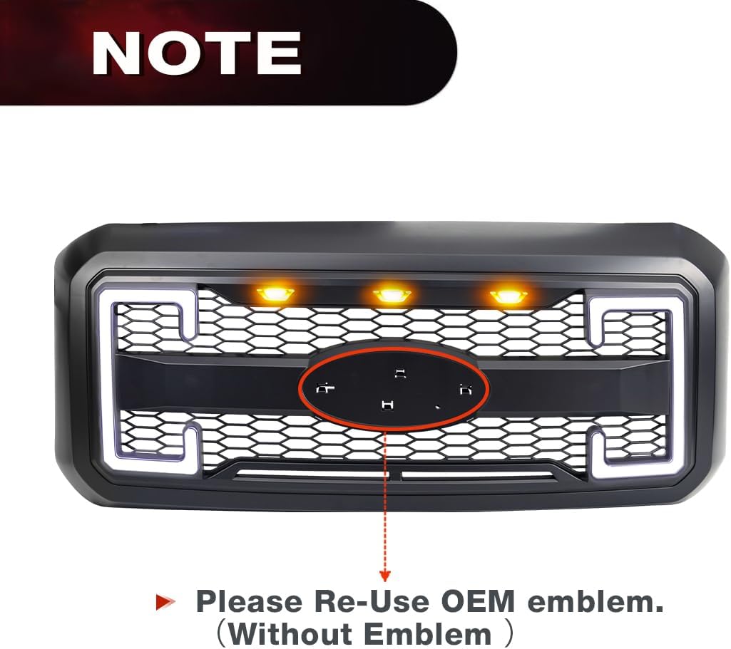 EOMD Front Bumper Grill Compatible with 2011-2016 F250 F350 F450 F550 Super Duty W/DRL & Turn Signal Lights Matte Black(Without Center Emblem)
