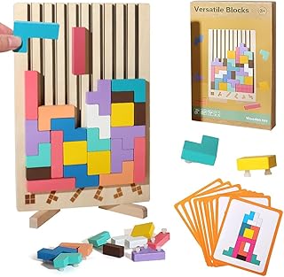 KBIBCK Wooden Puzzle 3D Tetris, Wooden Stacking Game Tetris with 10 Cards and 42 Stones, Tetris Wooden Puzzle Children, Educational Toy, Montessori Games 3 4 5 6 Years, Gift for Boys and Girls