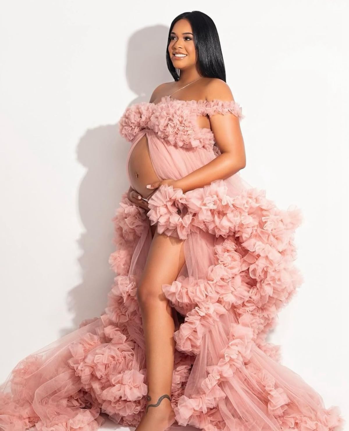 Off Shoulder Maternity Dresses Long Robe for Photoshoot Tulle Puffy Ruffles Pregnancy Gown for Baby Shower - Image 4