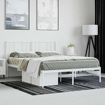 Double Bed Frame with Headboard, Heavy Duty King Size Metal Platform Bed Frame, Steel Black Bedroom Furniture for Master Guest Room(White,120 x 200 cm,with headboard)