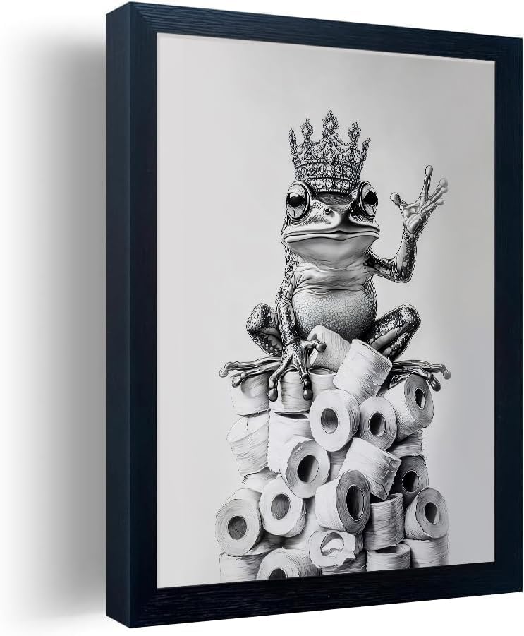 Framed Bathroom Decor Wall Art Wear Crown Frog Toilet Paper Pile - Playful Bathroom wall decor...