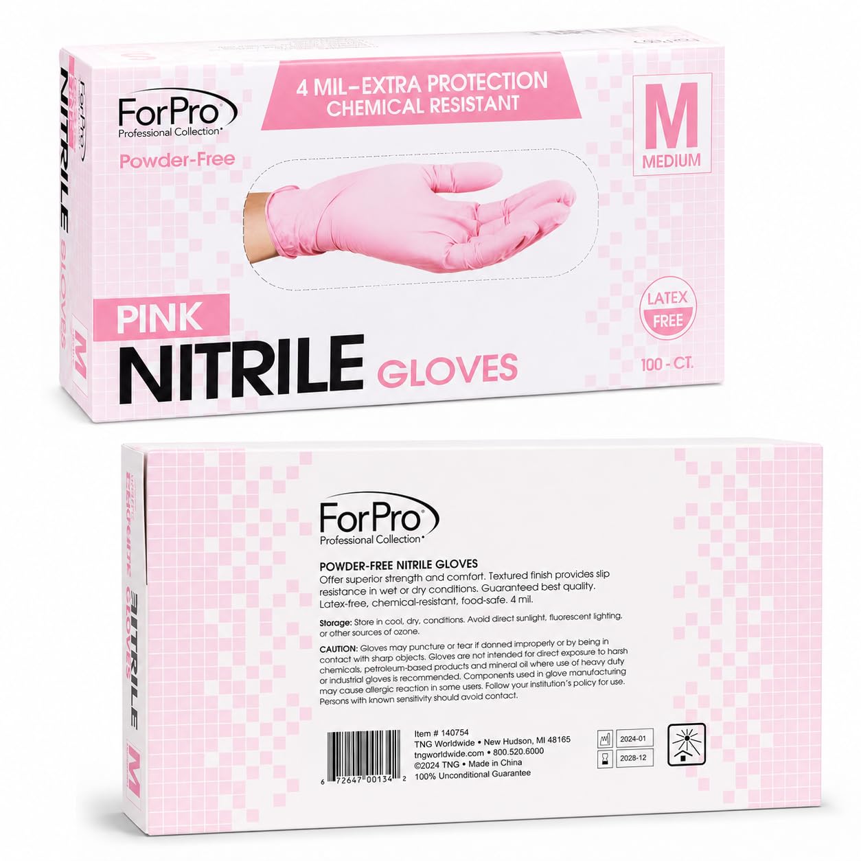 ForPro - Guantes desechables de nitrilo, resistentes a los químicos, sin polvo, sin látex, no estériles, seguros para alimentos, 4 mil, rosa, mediano, 100 unidades