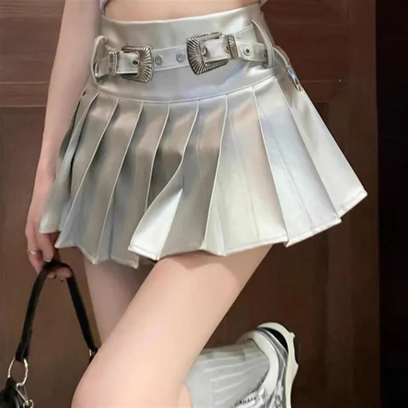 Falda Plisado Faldas Plisadas Plateadas de Cuero sintético for Mujer, minifaldas Cintura Alta con cinturón, Verano, Corte A