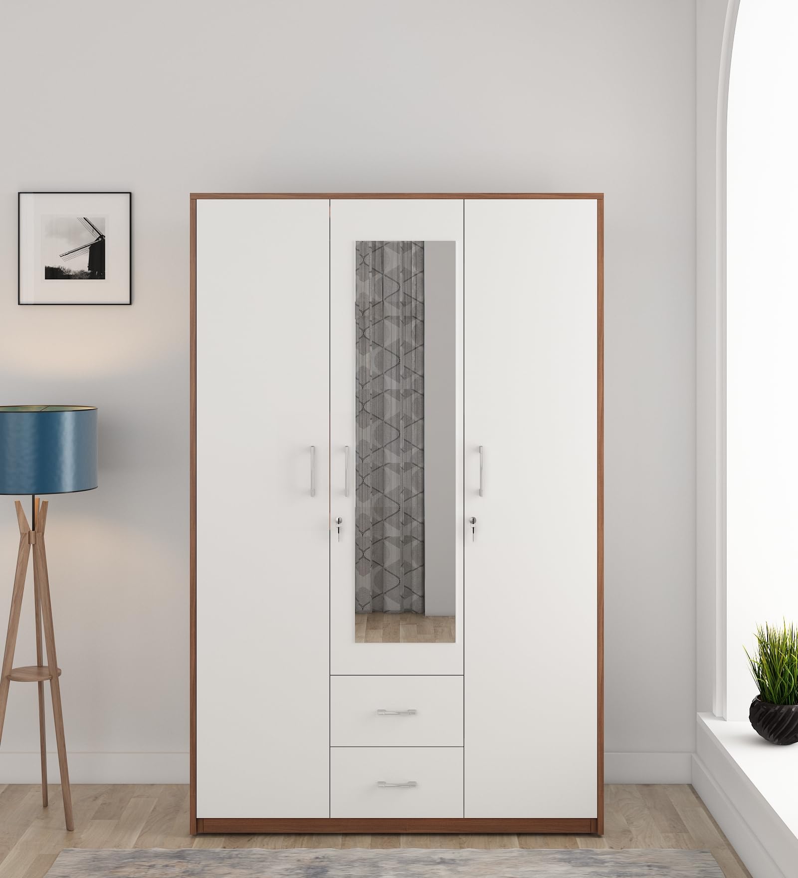 Spacewood Dew 3 Door Wardrobe with Mirror | Walnut Rigato Finish | Engineered Wood Almirah with 3 Drawers (1 Lockable) & 2 Hanging Spaces | Bedroom Cupboard Almari | 3-Year Warranty-image-38