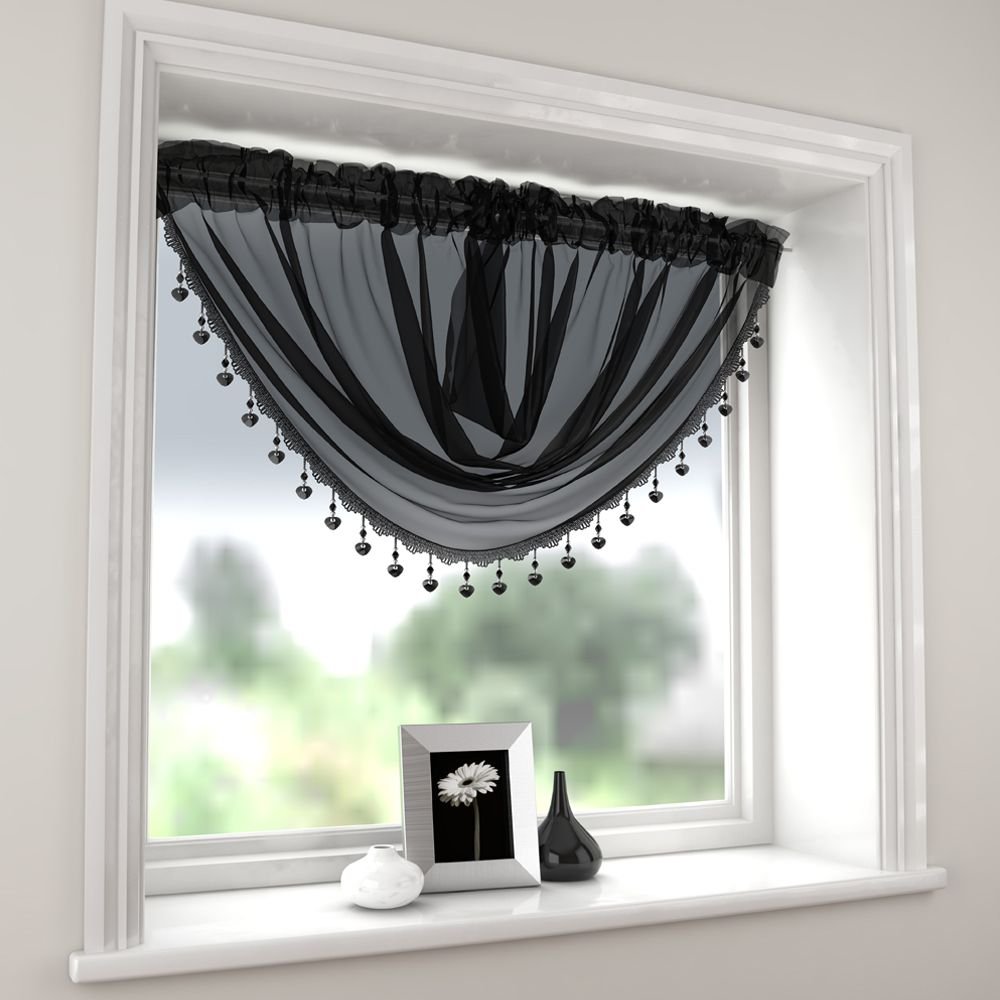 Mirabel Plain Black Swag Luxury Macrame Pelmet Swag Beaded Heart Bead Valance Drapes Voile Net Window Decor