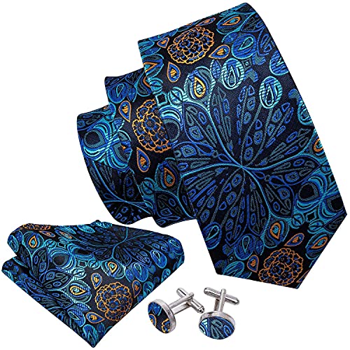 Image of Barry.Wang Flower Ties for Men Handkerchief Cufflinks Set Wedding Necktie Set Party
