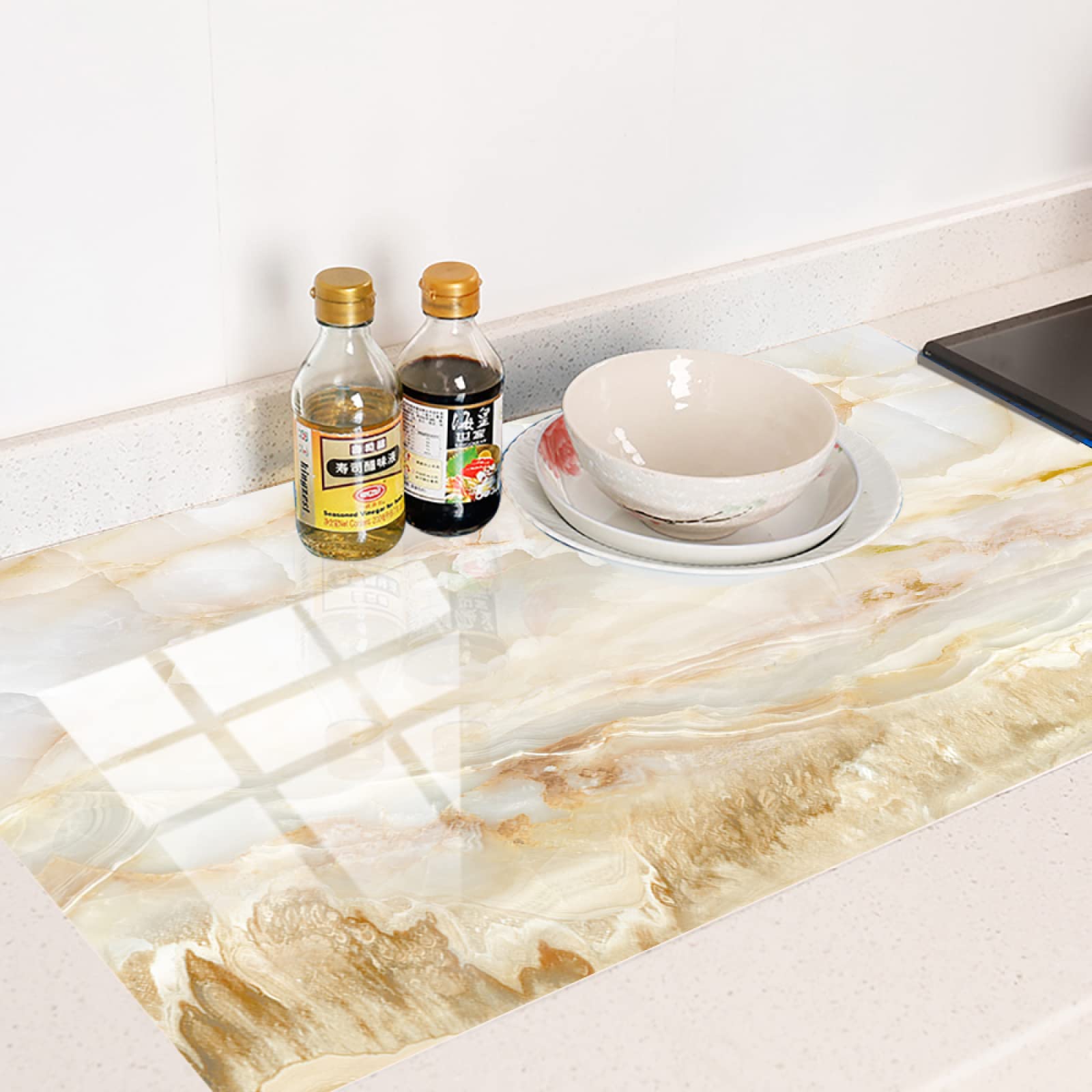 LMYSXAOZ Tile Stickers Marble Khaki Beige Stick on Tiles PVC Self Adhesive Wall Durable Peel and Floor Water Proof for Bathroom Kitchen 20x20cm/10pcs