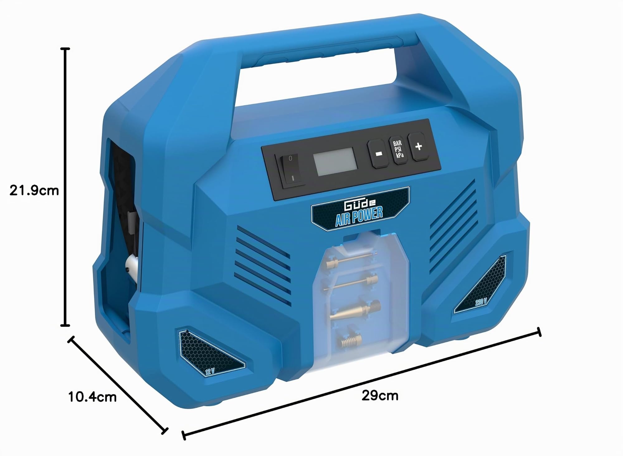 Güde Compresor Airpower Dual Drive 12/230 V/5 piezas: 150 W, máx. 8 bar, 20 l/min, sin aceite ni mantenimiento, conexión 12 V y 230 V, pantalla LCD, manguera de aire, azul y negro