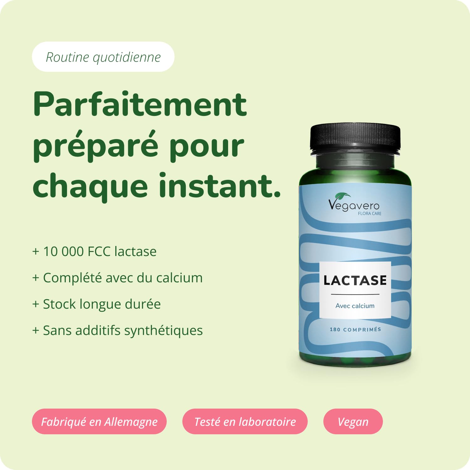 Lactase Pure | Sans Additifs Artificiels | 180 Comprimés | Digestion & Intolerance Lactose | 10000 FCC | Vegavero®