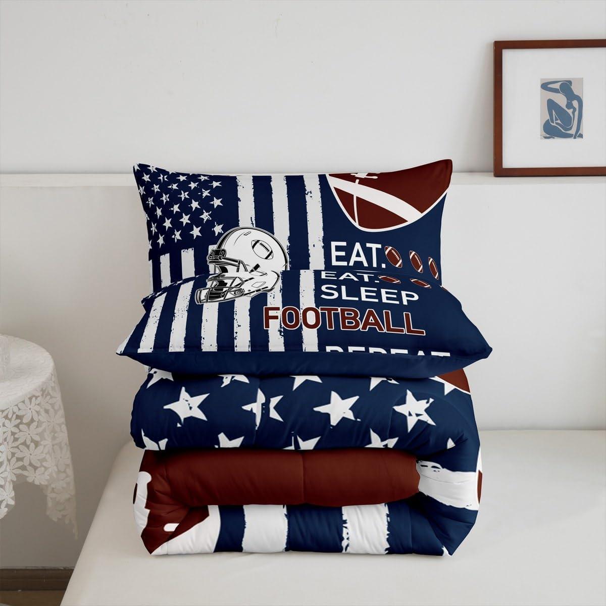 Feelyou Football Kids Boys Girls Bedding Set Twin Size Football City Themed Comforter Set Ultra Soft Rugby Helmet Comforter Flag Print Duvet Quilt Bedroom Decor Rugby Game Quilt