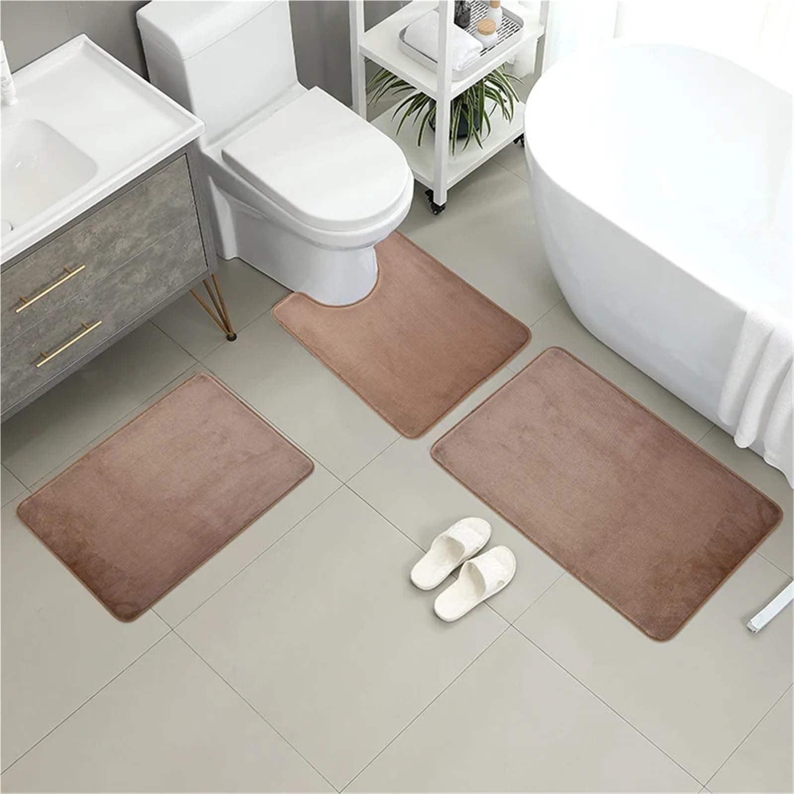 Tappeti Bagno Tappetino da bagno 3 pezzi, doccia, assorbente, tappeto antiscivolo, morbido e confortevole, lavanderia(Khaki)