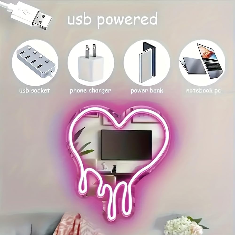 Heart Pink Neon Sign, for Wall Decor, LED Dripping Heart Acrylic Makeup Mirror Neon Signs With Base and Dimmer Switch, for Bedroom Makeup Mirror Home Decor Living Room Bar Wedding Party