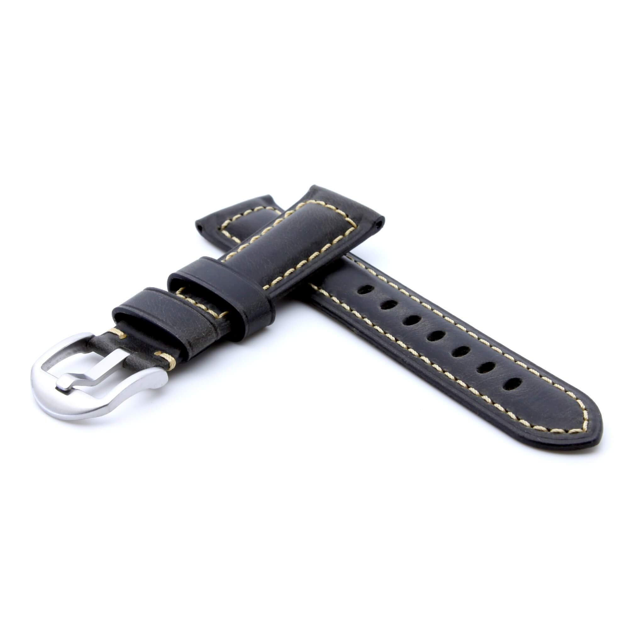 EWatchAccessories 24mm Black Genuine Leather Watch Band with White Stitches Grain Lightly Padded Wrist Strap (B08F5JJLZY) Amazon Price History, Amazon Price Tracker