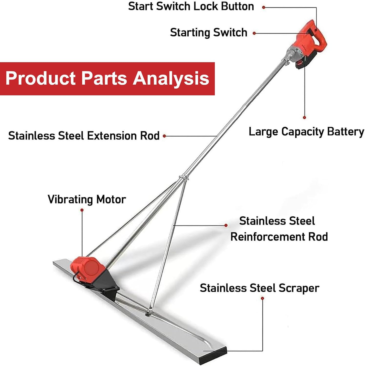 Power Screed Concrete Processing Device Electric Concrete Processing Tool, Power Screed Concrete Processing Tool, Concrete Leveling Rammer Ruler, Battery Operated, 3000–6000 RPM, Power