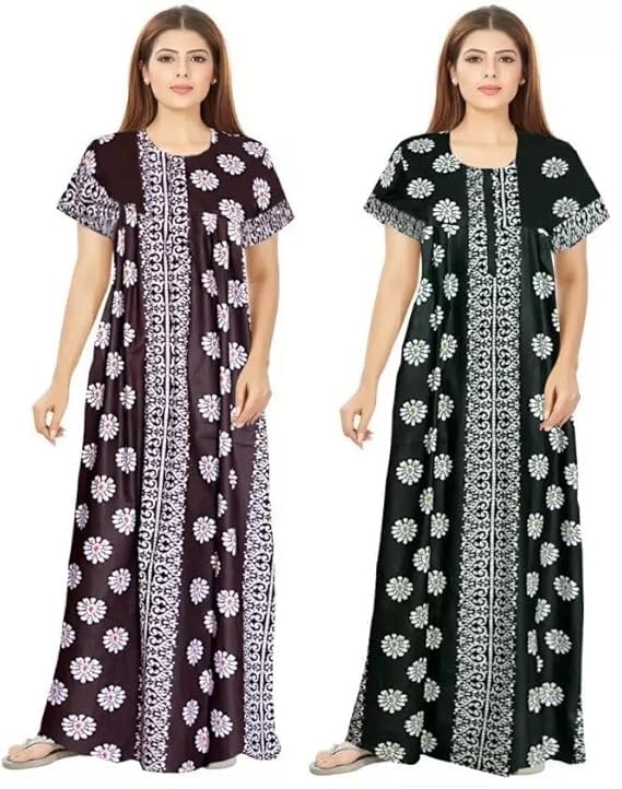Image of Keyocean Women's Cotton Printed Nighty Night Gown Maxi Free Size (Pack of 2) Coffee&Green