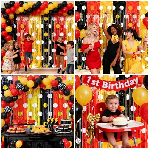 Image of 2 Packs Red Black Yellow Foil Fringe Curtain, Mouse Polka Dots Glitter Metallic Tinsel Backdrop for Birthday Baby Shower Cartoon Mouse Party Decorations Supplies
