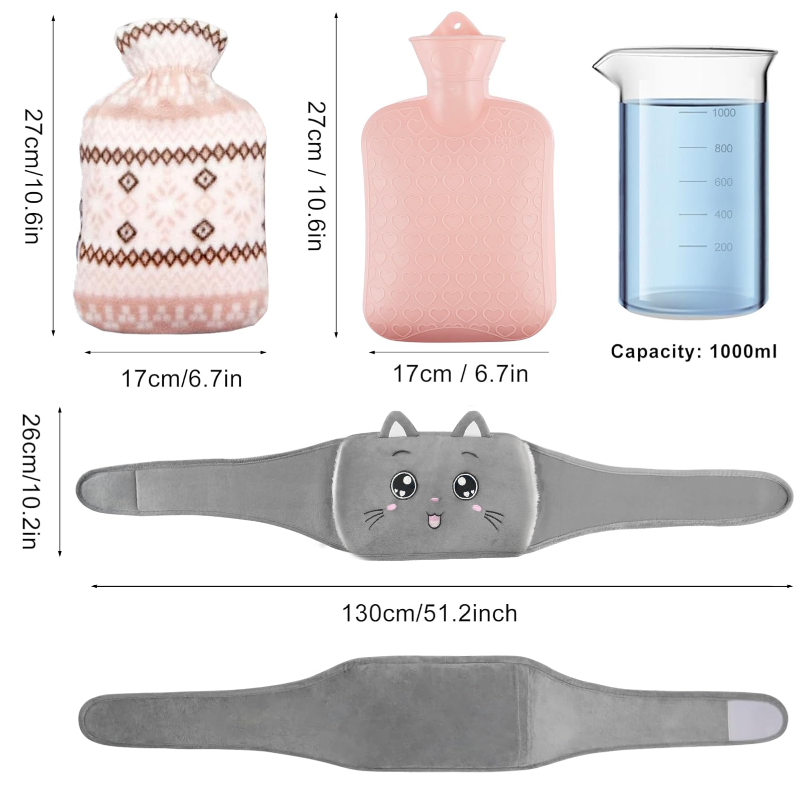 Cintura per bottiglia d'acqua calda, 1 l, 130 cm, extra lunga, con rivestimento in vita, estremamente soffice, con rivestimento, borsa dell'acqua calda in gomma per schiena, pancia, spalle