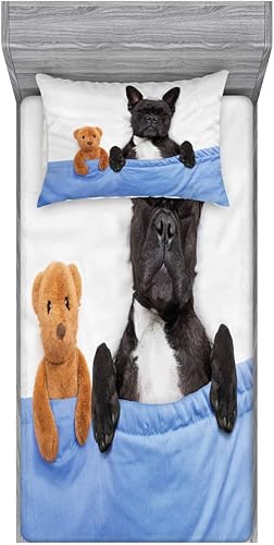Ambesonne Juego de sábanas bajeras y fundas de almohada, diseño de oso de peluche dormido de bulldog francés en cama acogedora, imagen de sueños